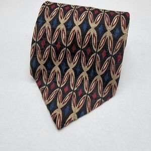 XMI 100% Silk Neck Tie Men's Geometric Burgundy Tan Blue 57"